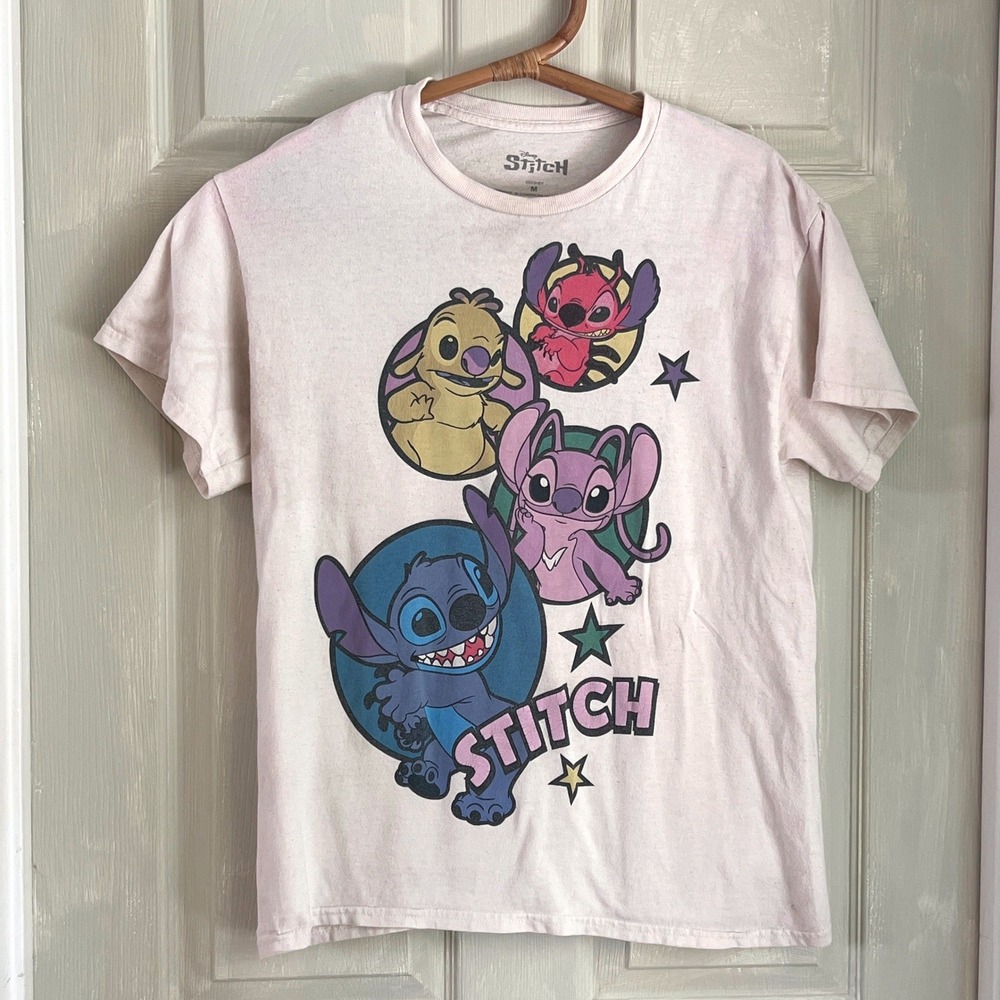 Disney Stitch Graphic T-Shirt Medium Women Unisex Angel Leroy Pink Acid Wash